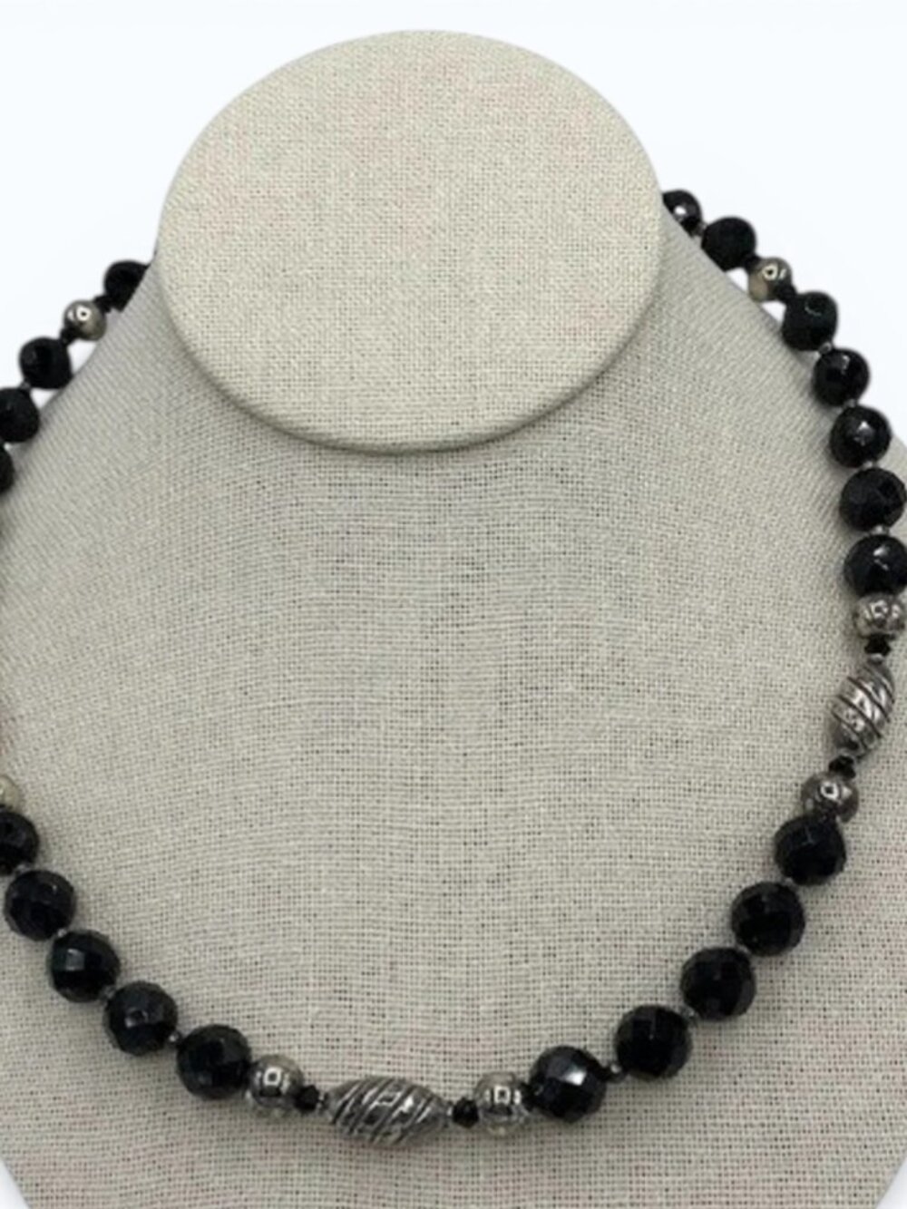VTG Faceted Black Onyx & Sterling Silver Spacer Beaded Hand Crafted Necklace 20"